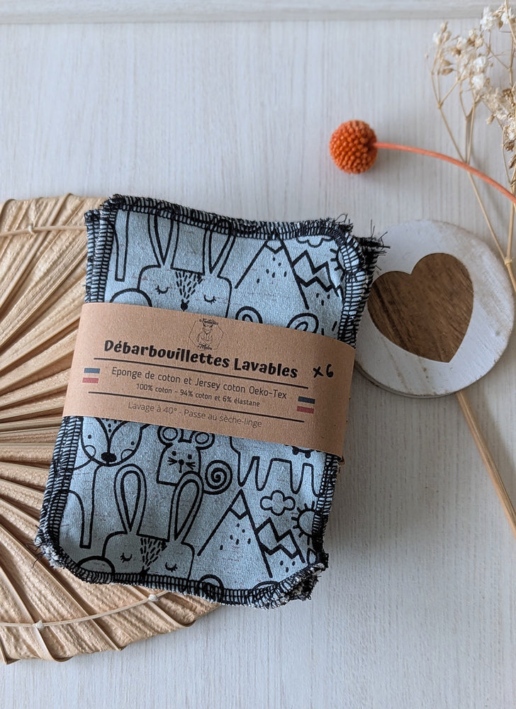 Lot de 6 débarbouillettes lavables Animals Les Fantaisies de Malou