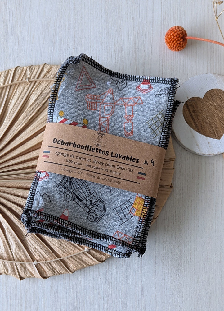 Lot de 4 débarbouillettes lavables Chantier Les Fantaisies de Malou