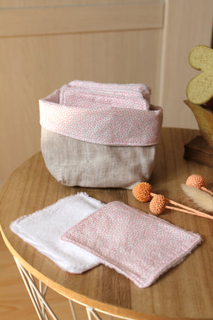 Lingettes lavables coton Bio Pois Rose, panier réversible Les Fantaisies de Malou