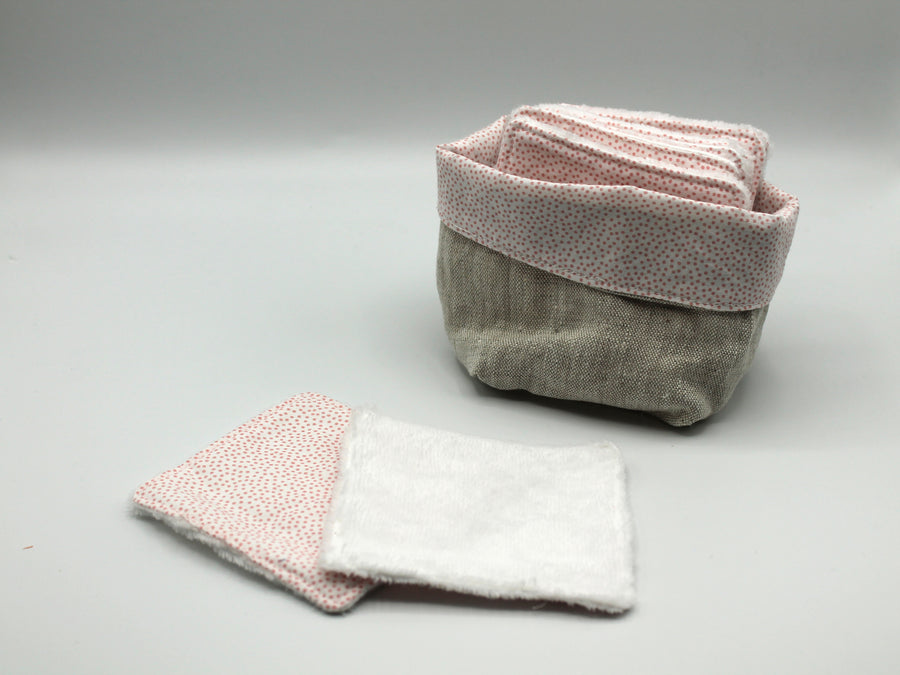 Lingettes lavables coton Bio Pois Rose, panier réversible Les Fantaisies de Malou