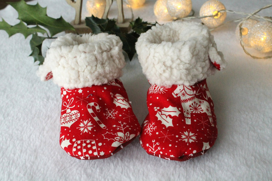 Bottines souples Rouges (chaussons montants fourrés), bébé, enfant et adulte Les Fantaisies de Malou