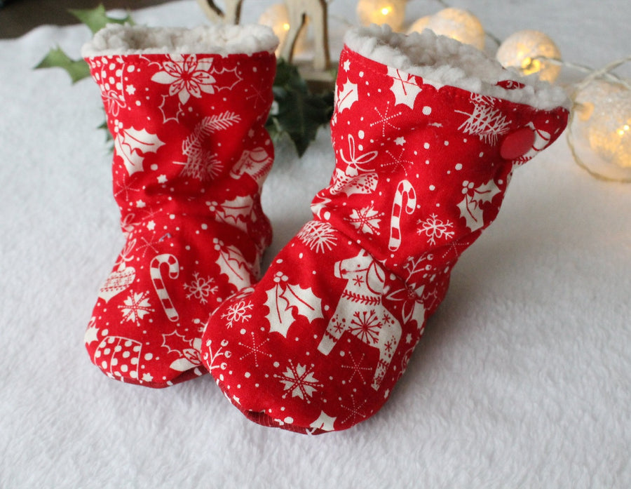 Bottines souples Rouges (chaussons montants fourrés), bébé, enfant et adulte Les Fantaisies de Malou