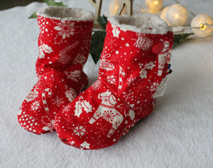 Bottines souples Rouges (chaussons montants fourrés), bébé, enfant et adulte Les Fantaisies de Malou