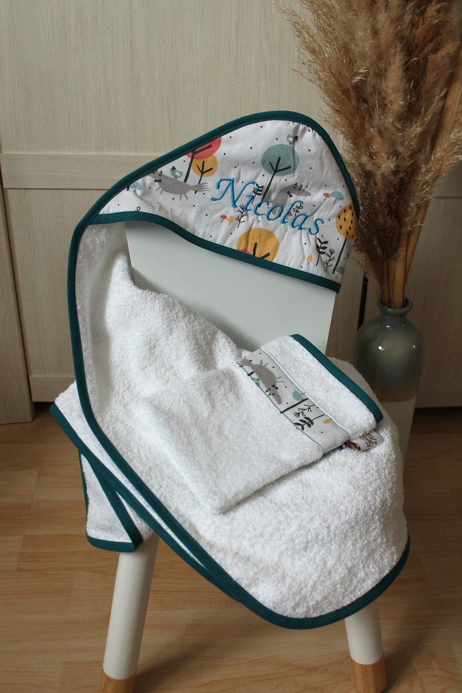 Sortie de bain bébé + gant de toilette Loup Les Fantaisies de Malou