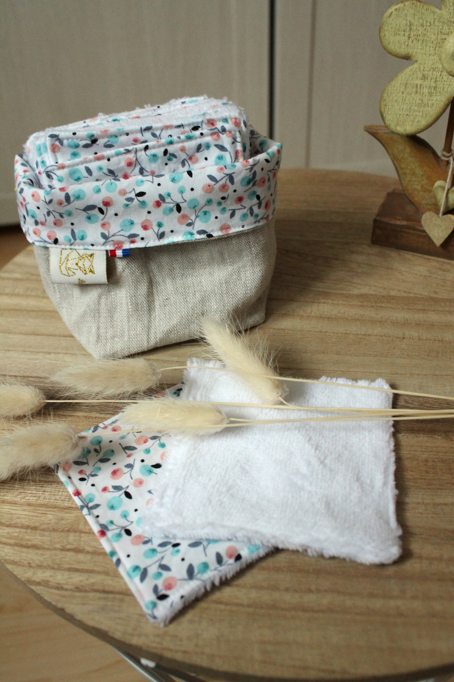 Lingettes lavables coton Bio Fleuris, panier réversible Les Fantaisies de Malou