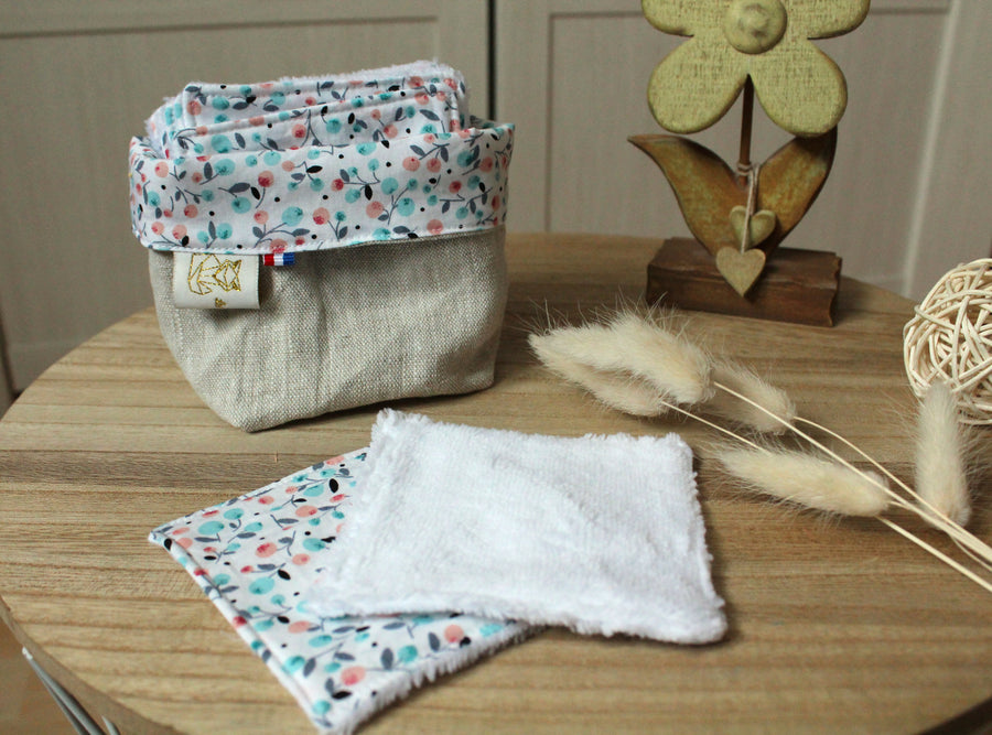 Lingettes lavables coton Bio Fleuris, panier réversible Les Fantaisies de Malou