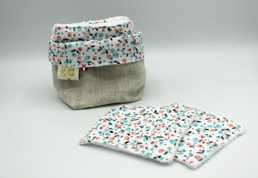 Lingettes lavables coton Bio Fleuris, panier réversible Les Fantaisies de Malou