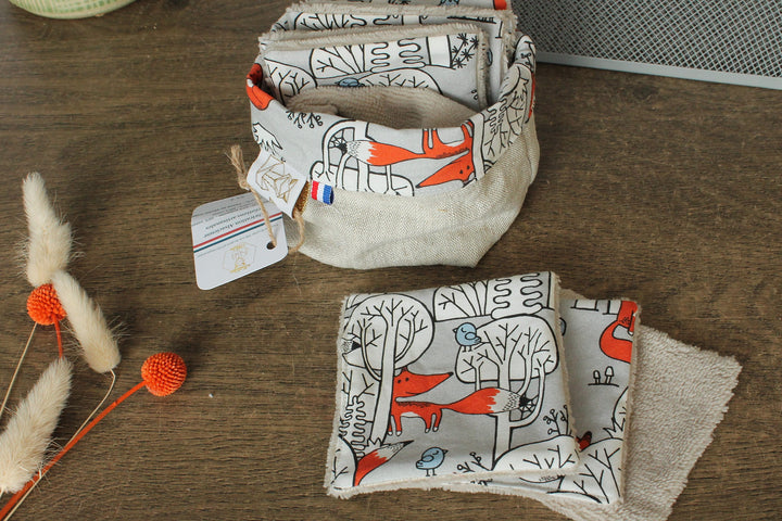 Lingettes lavables coton Foxes, panier réversible Les Fantaisies de Malou